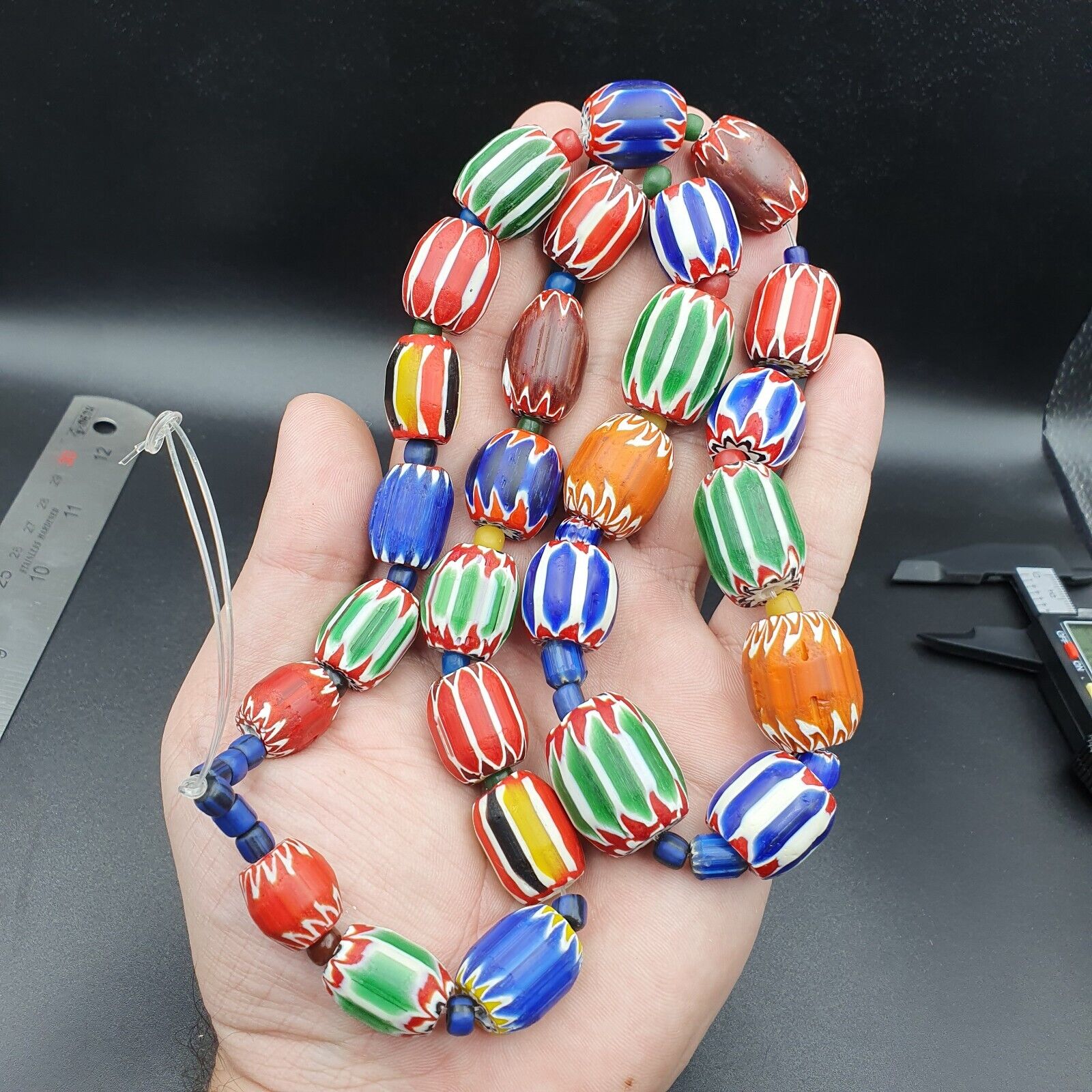 Unique Antique style Chevron beads Old African Blue Glass Beads Long Strand