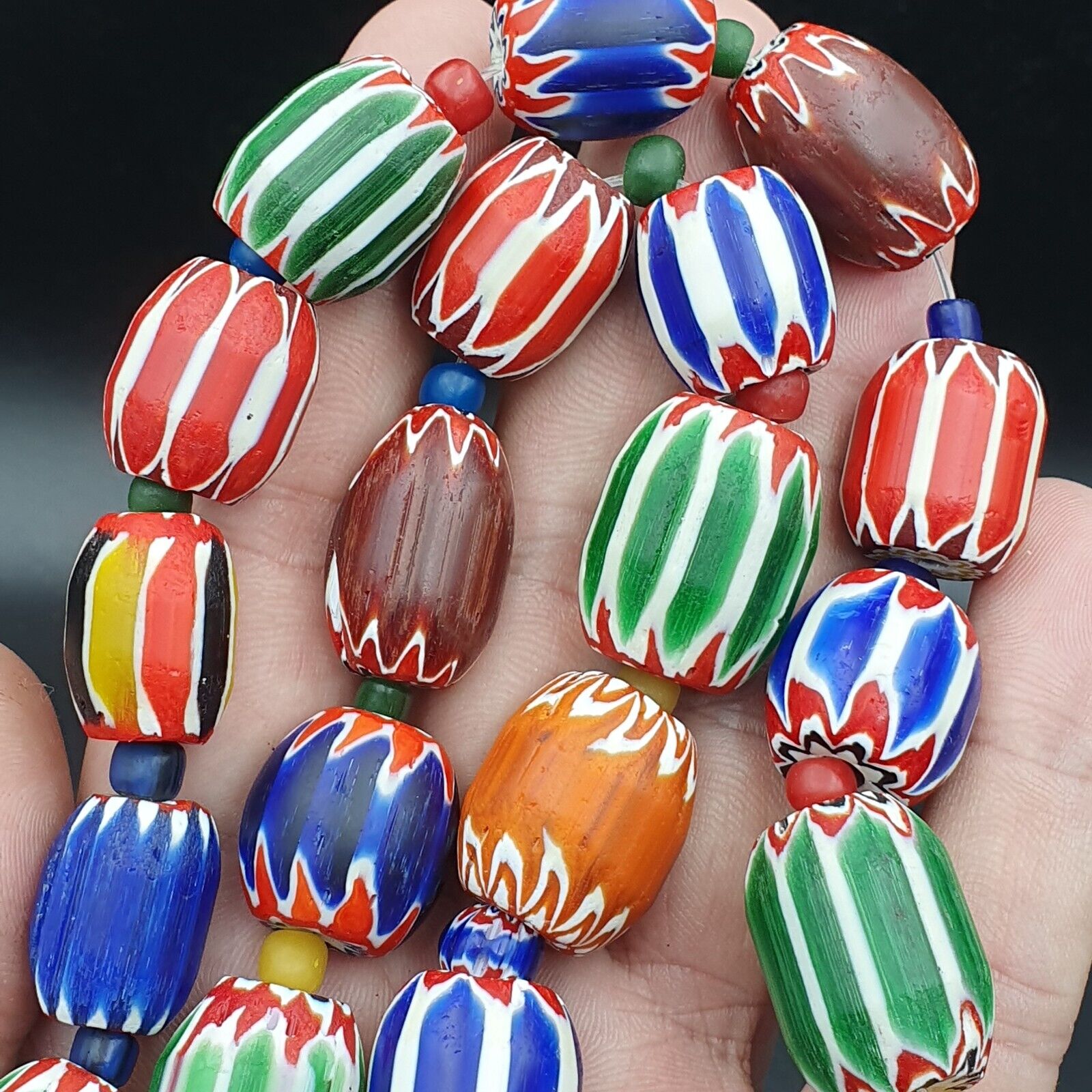 Unique Antique style Chevron beads Old African Blue Glass Beads Long Strand