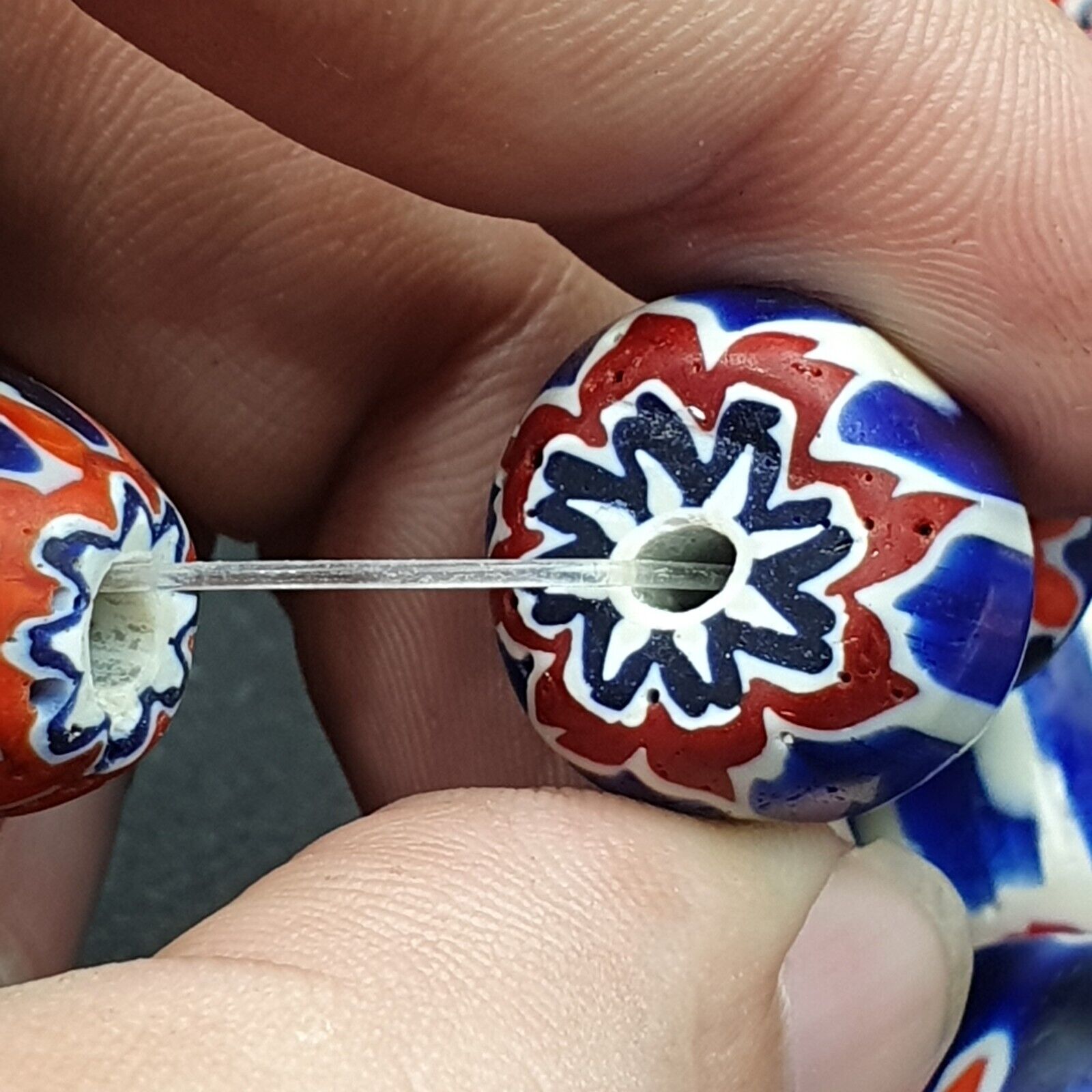 Unique Venetian style beads Old African Blue Glass Chevron Beads Long Strand