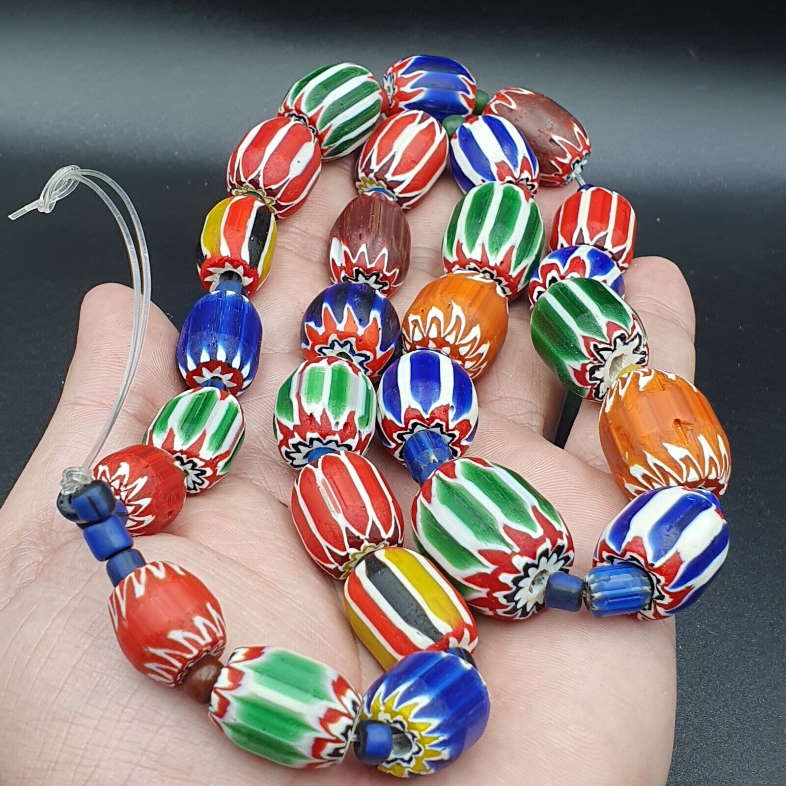 Unique Antique style Chevron beads Old African Blue Glass Beads Long Strand