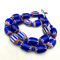 Antique Venetian inspired  Blue Glass Chevron Beads Long Strand 24x16mm