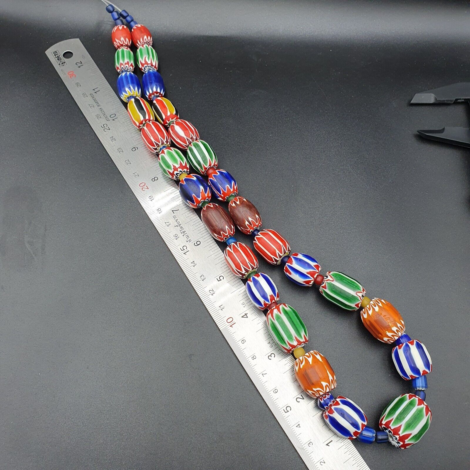 Unique Antique style Chevron beads Old African Blue Glass Beads Long Strand