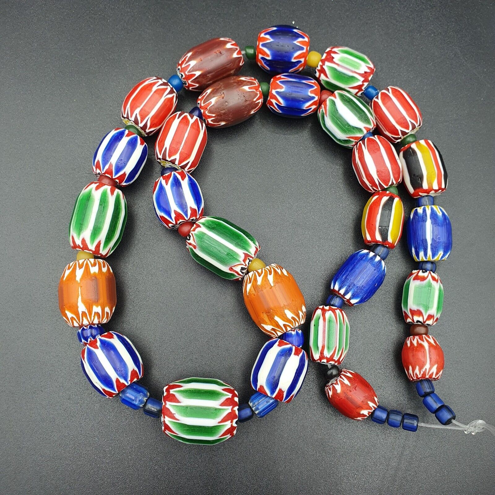 Unique Antique style Chevron beads Old African Blue Glass Beads Long Strand