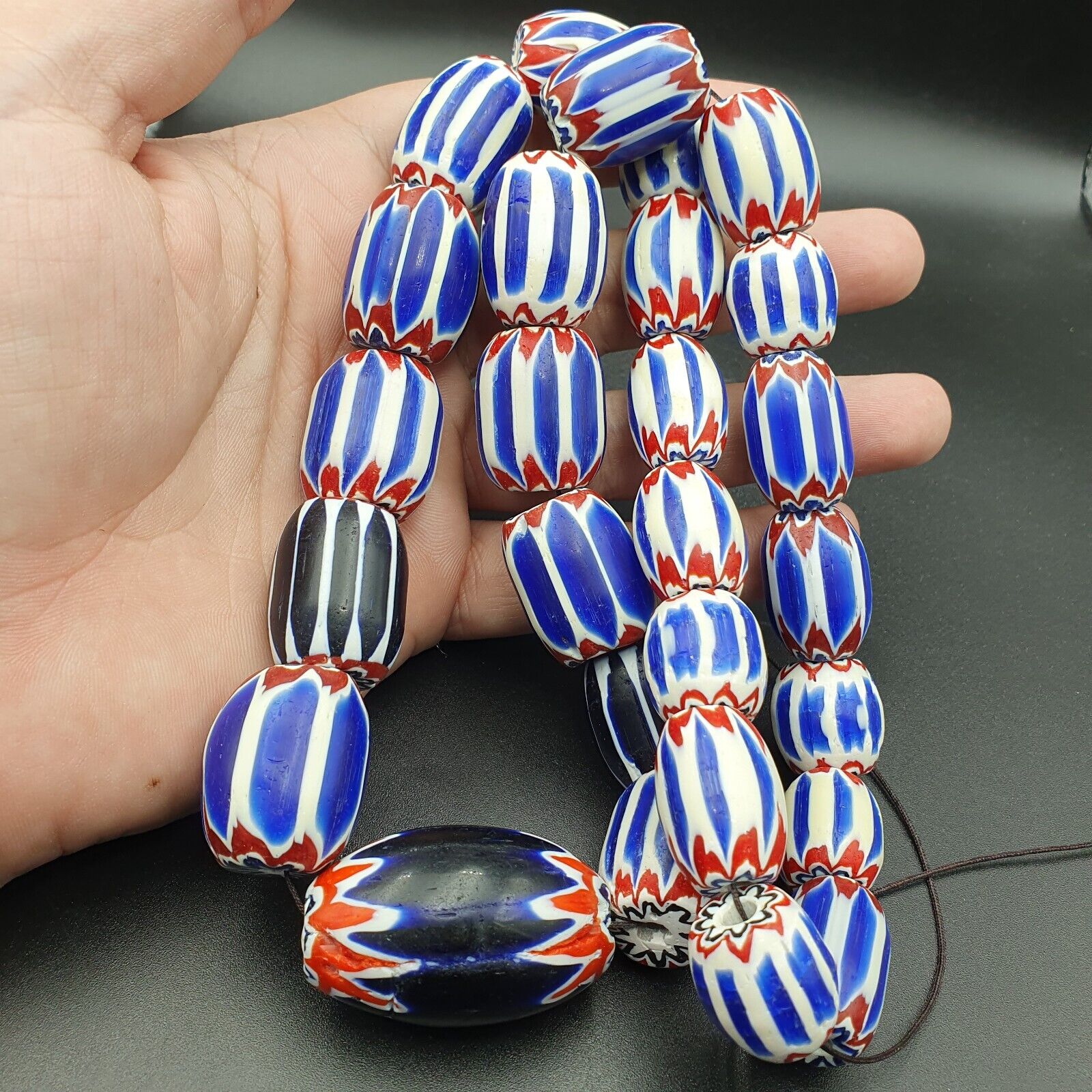 Amazing Venetian style beads Old African Blue Glass Chevron Beads Long Strand