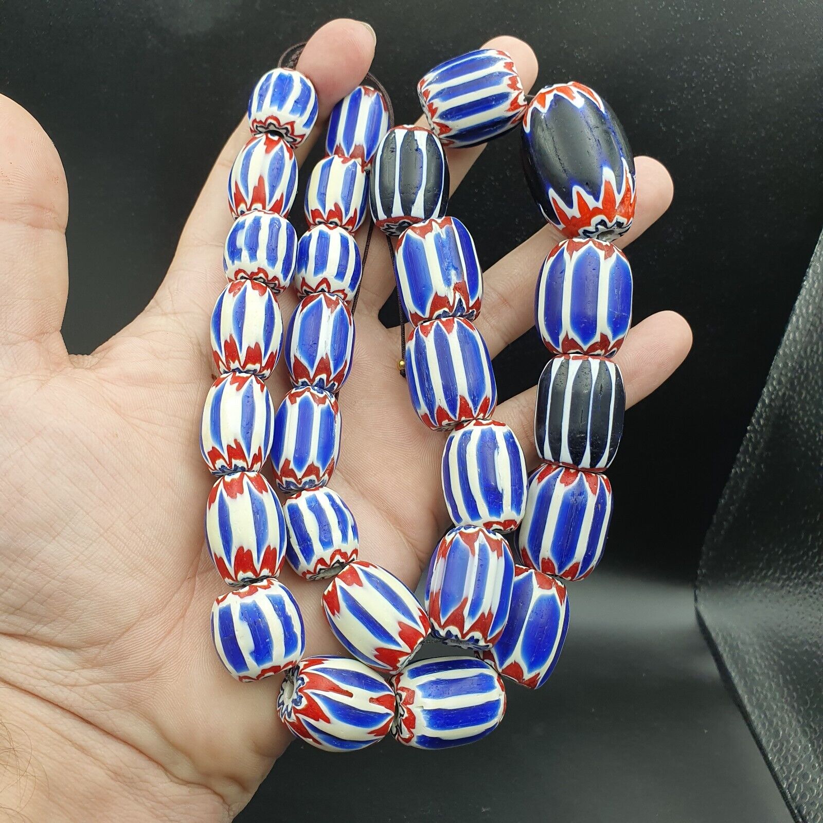 Amazing Venetian style beads Old African Blue Glass Chevron Beads Long Strand