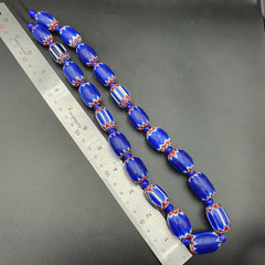 Antique Venetian inspired  Blue Glass Chevron Beads Long Strand 24x16mm