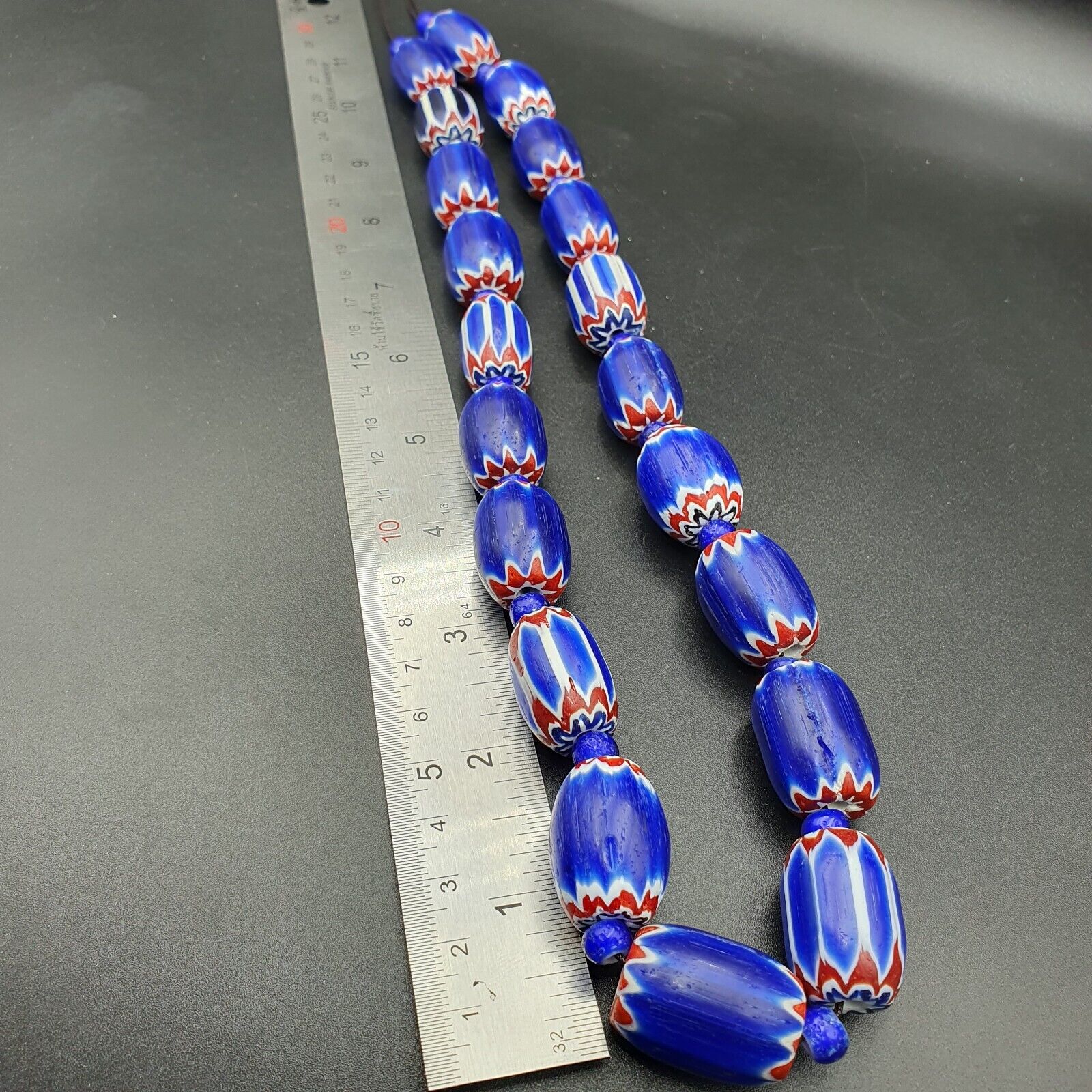 Antique Venetian inspired  Blue Glass Chevron Beads Long Strand 24x16mm