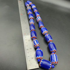 Antique Venetian inspired  Blue Glass Chevron Beads Long Strand 24x16mm