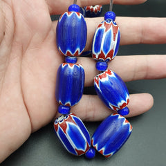 Antique Venetian inspired  Blue Glass Chevron Beads Long Strand 24x16mm