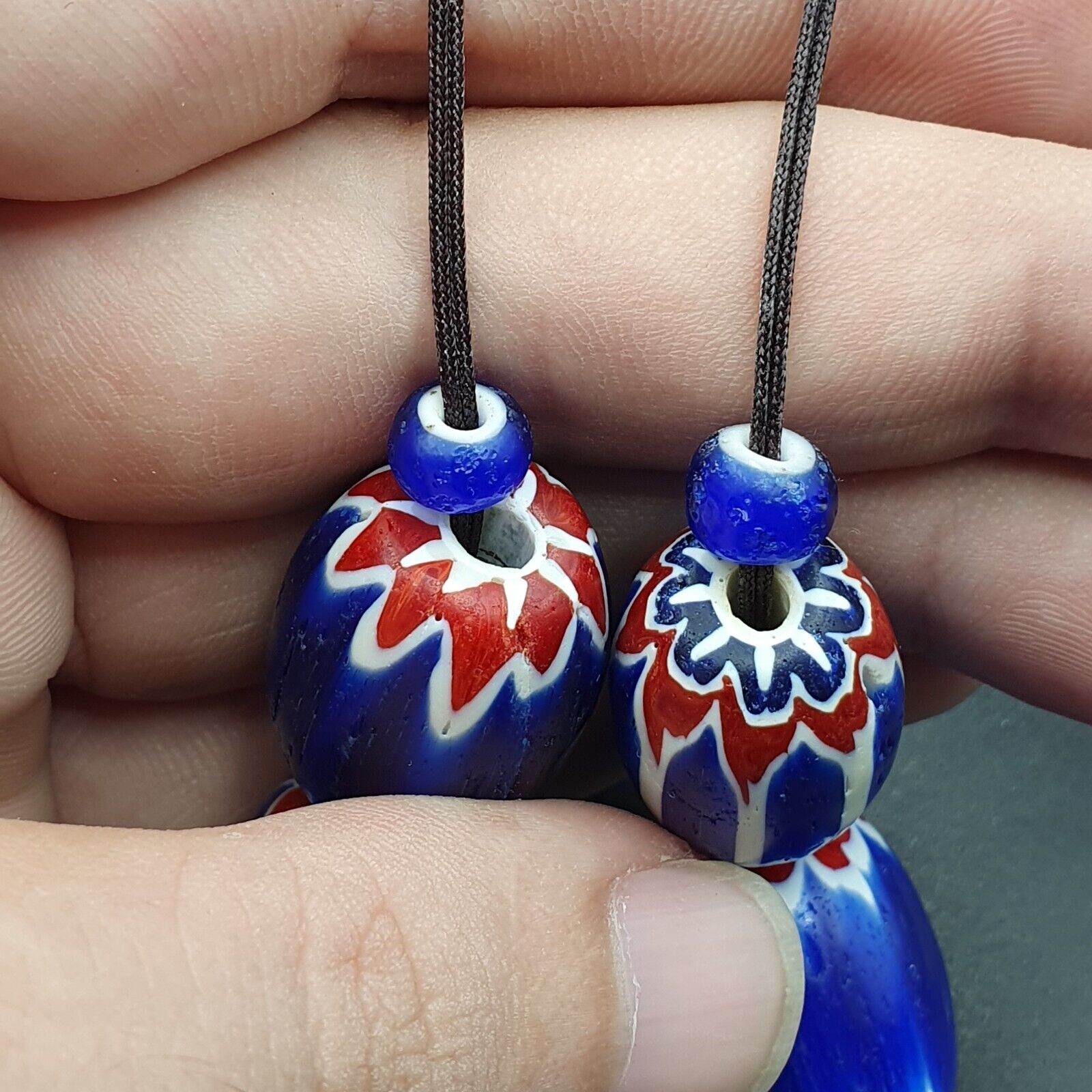 Antique Venetian inspired  Blue Glass Chevron Beads Long Strand 24x16mm