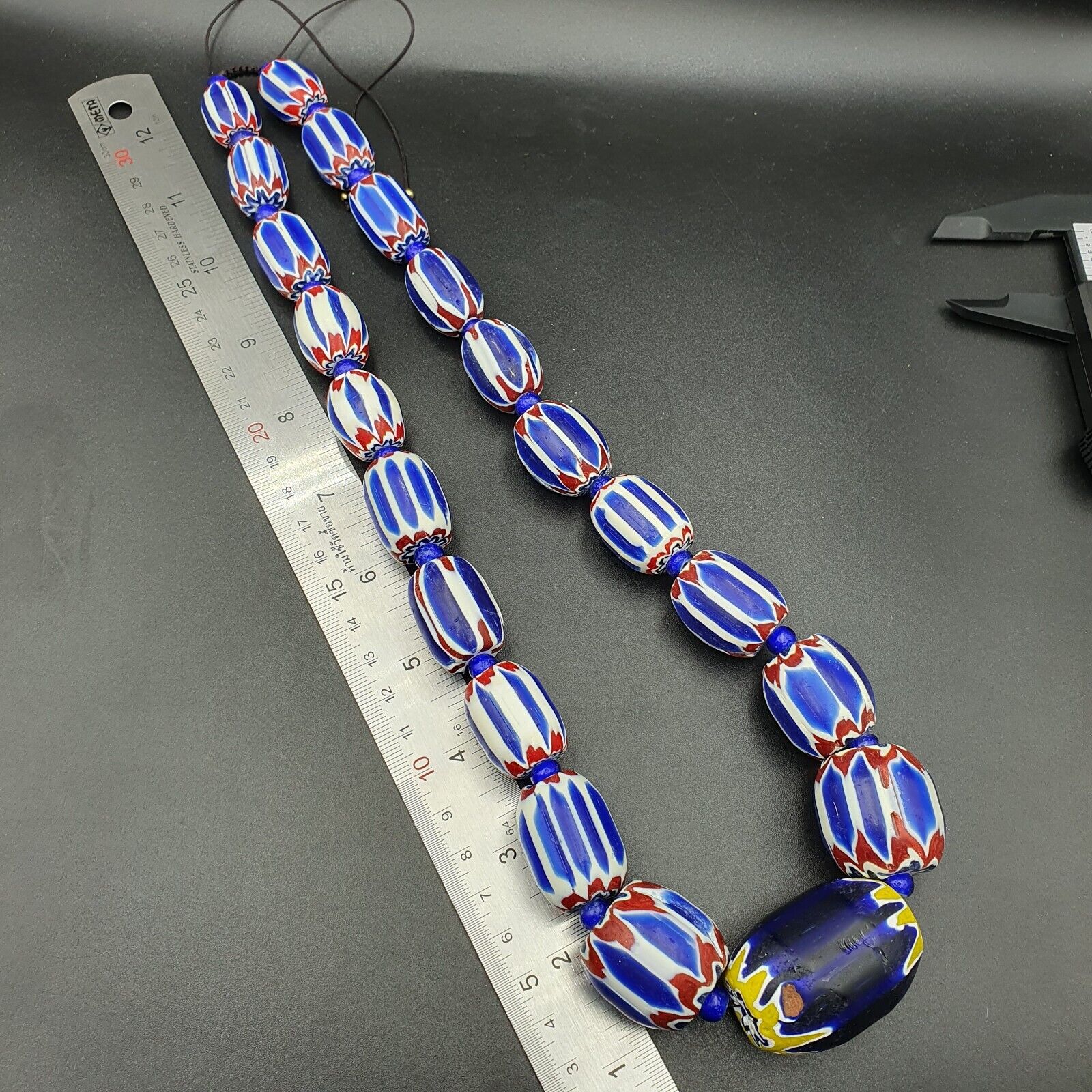 vintage Chevron beads Old African multicolor Glass Beads Long Strand 28-19mm