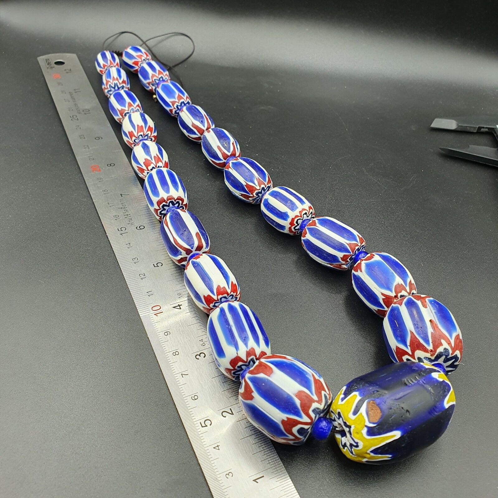 vintage Chevron beads Old African multicolor Glass Beads Long Strand 28-19mm