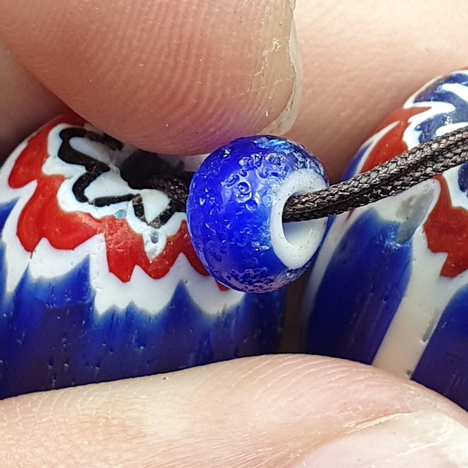 Antique Venetian inspired  Blue Glass Chevron Beads Long Strand 24x16mm