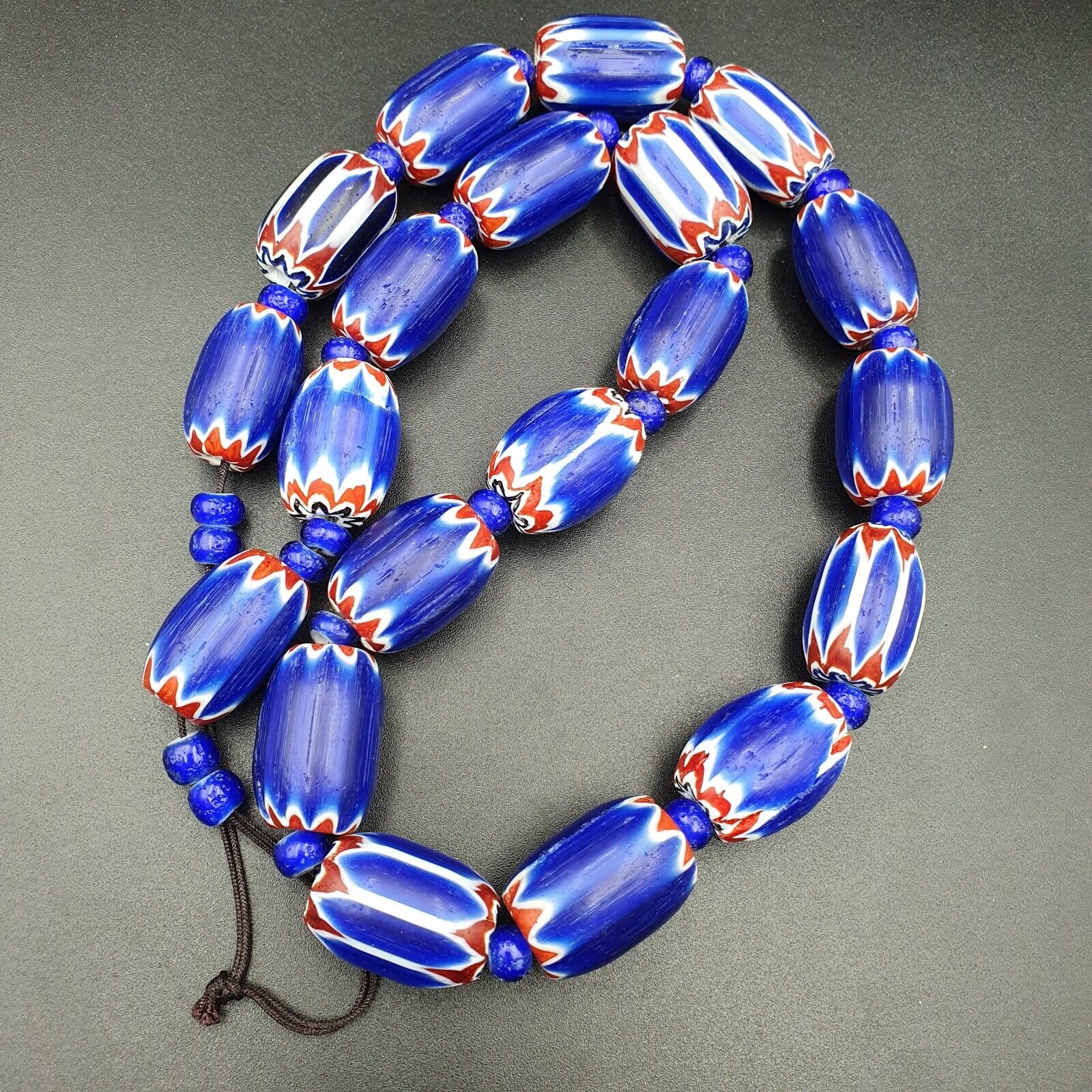 Antique Venetian inspired  Blue Glass Chevron Beads Long Strand 24x16mm