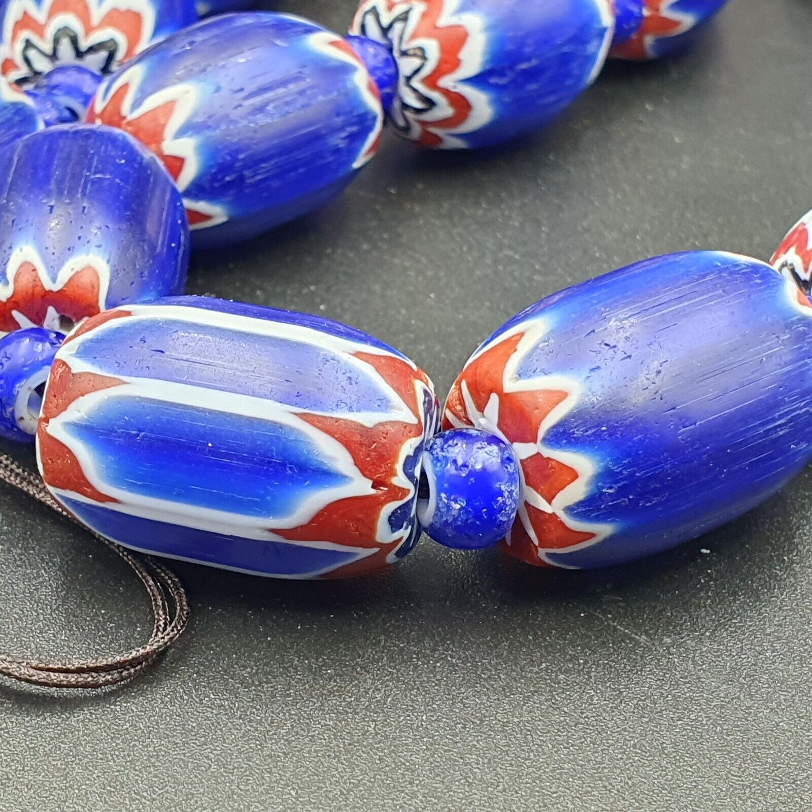 Antique Venetian inspired  Blue Glass Chevron Beads Long Strand 24x16mm