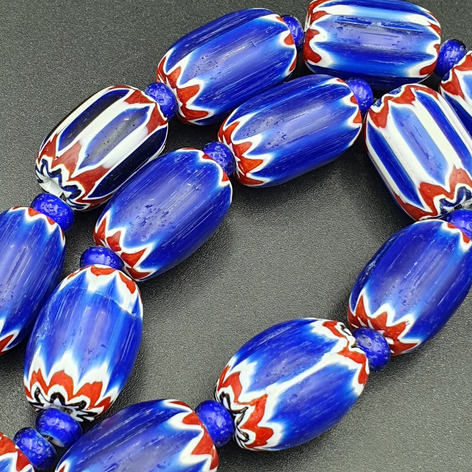 Antique Venetian inspired  Blue Glass Chevron Beads Long Strand 24x16mm