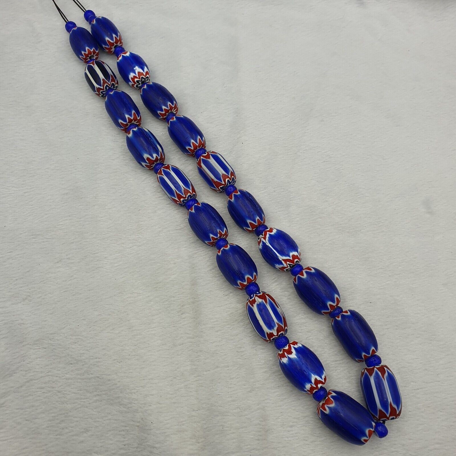 Antique Venetian inspired  Blue Glass Chevron Beads Long Strand 24x16mm