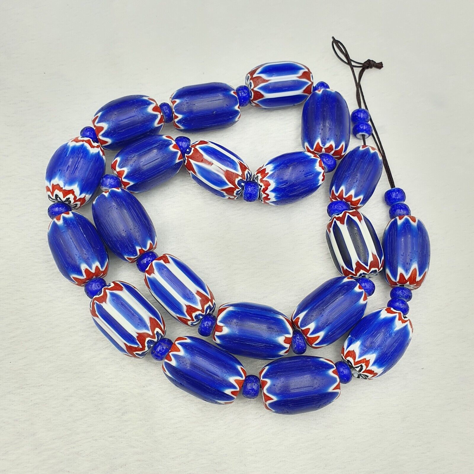 Antique Venetian inspired  Blue Glass Chevron Beads Long Strand 24x16mm