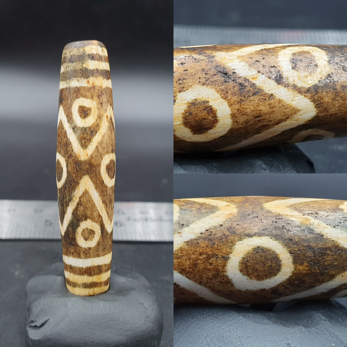 Südasiatische burmesische 53 mm alte 9 Augen Pumtek versteinerte Holzperle Einzigartiges Muster 