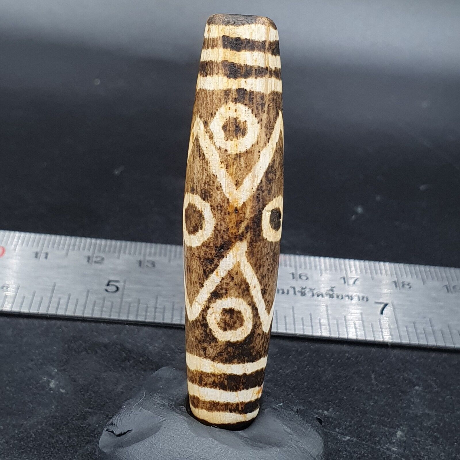 South Asian Burmese 53mm Old 9 eyes Pumtek petrified Wood Bead Unique pattern