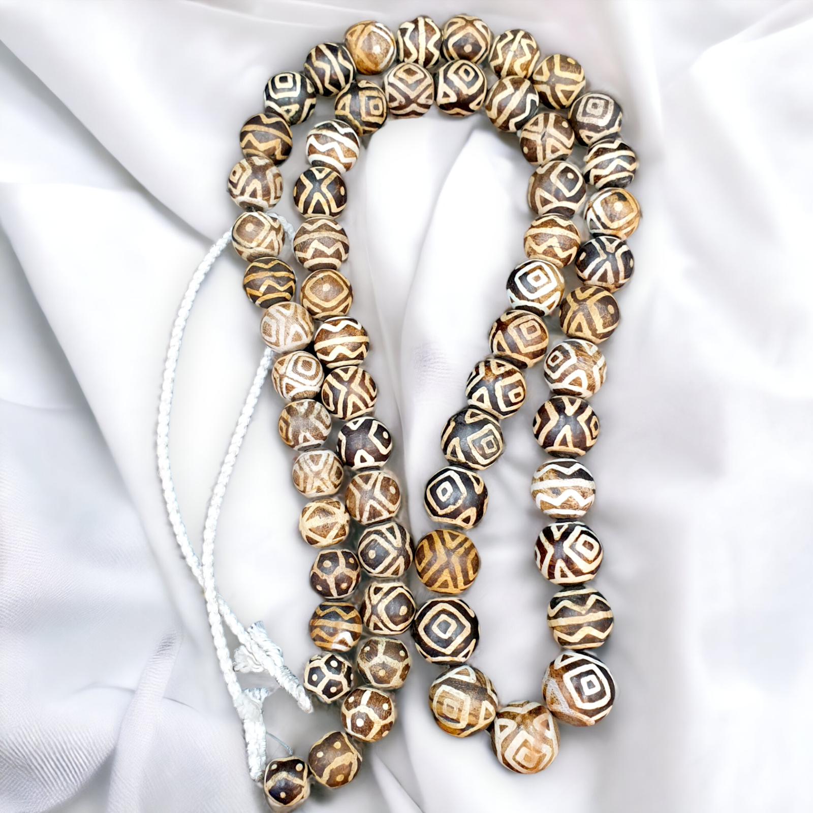 Asian Burmese Old Pumtek petrified Wood Stone beads Long necklace rare pattern