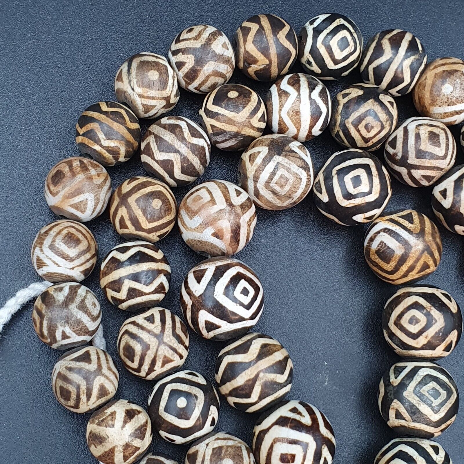 Asian Burmese Old Pumtek petrified Wood Stone beads Long necklace rare pattern