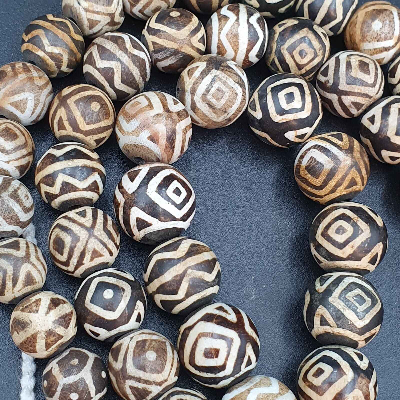 Asian Burmese Old Pumtek petrified Wood Stone beads Long necklace rare pattern