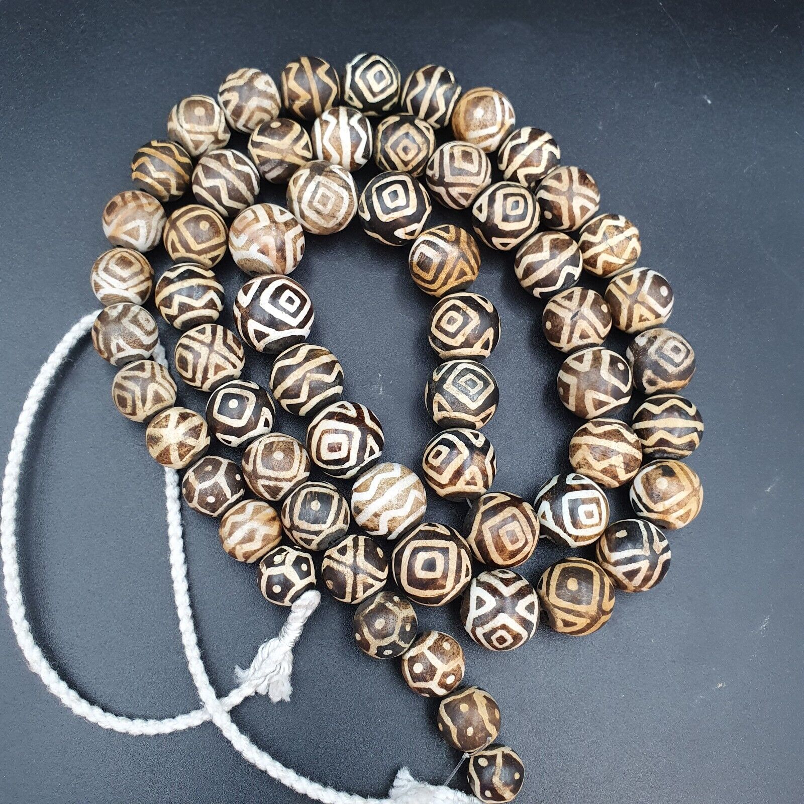Asian Burmese Old Pumtek petrified Wood Stone beads Long necklace rare pattern