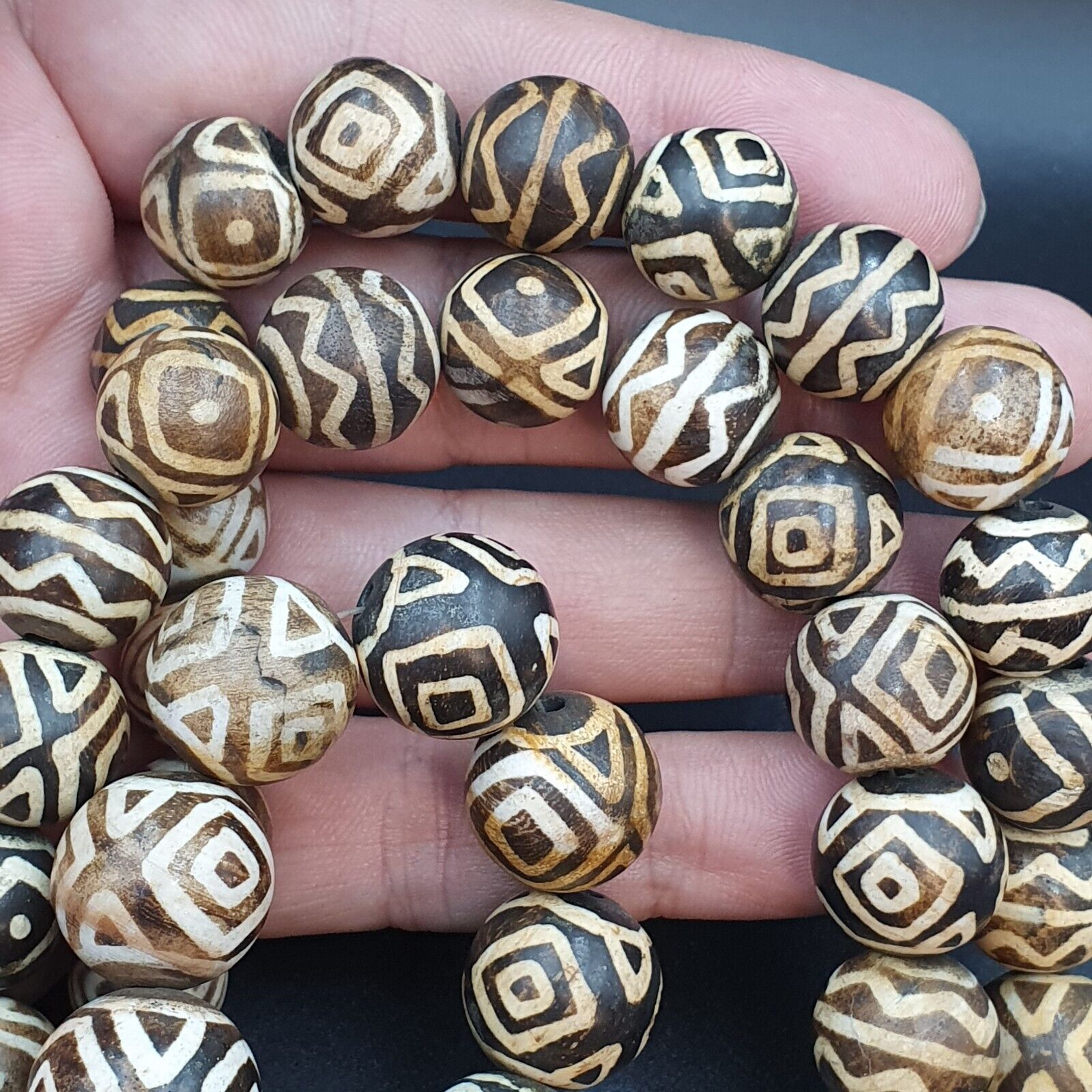 Asian Burmese Old Pumtek petrified Wood Stone beads Long necklace rare pattern