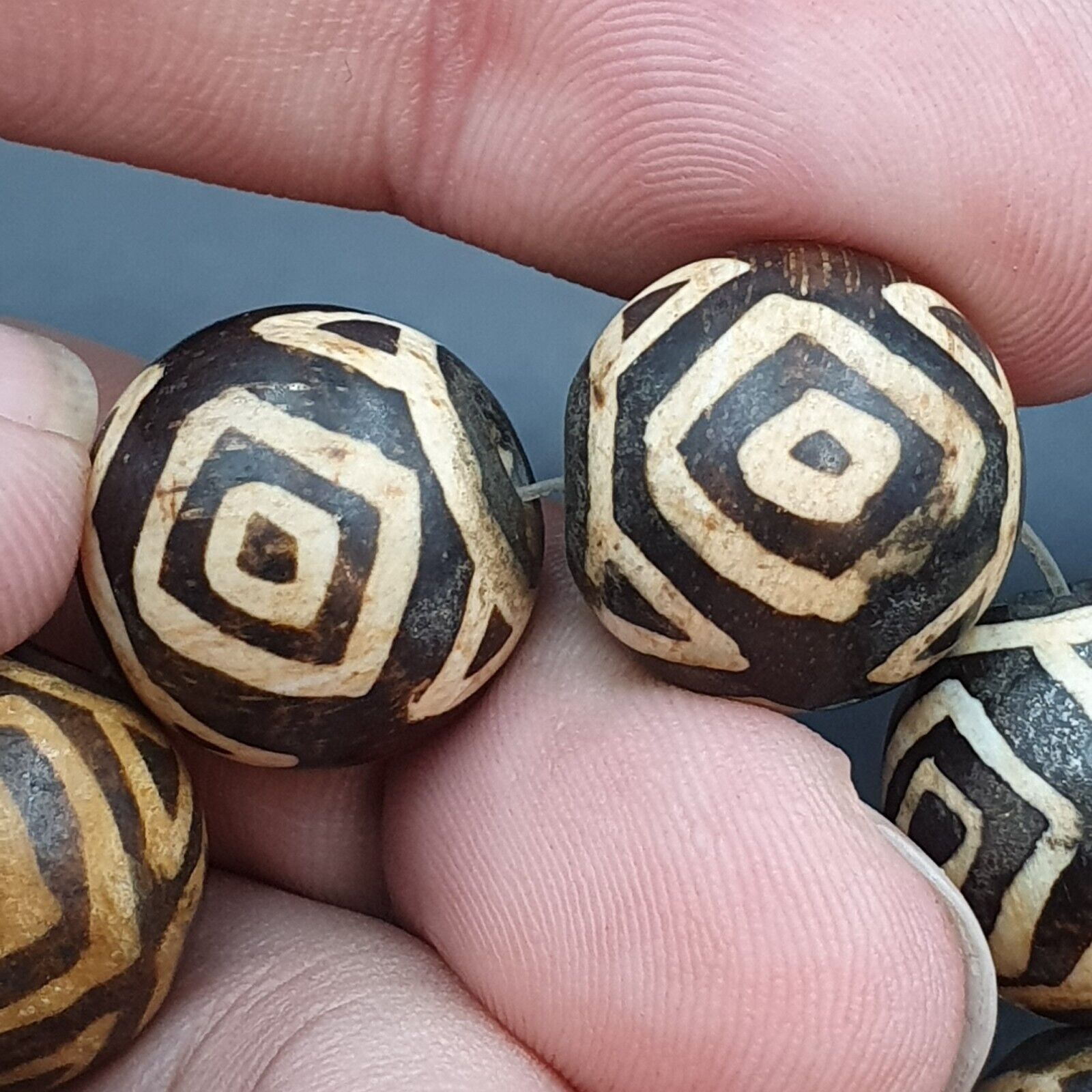 Asian Burmese Old Pumtek petrified Wood Stone beads Long necklace rare pattern
