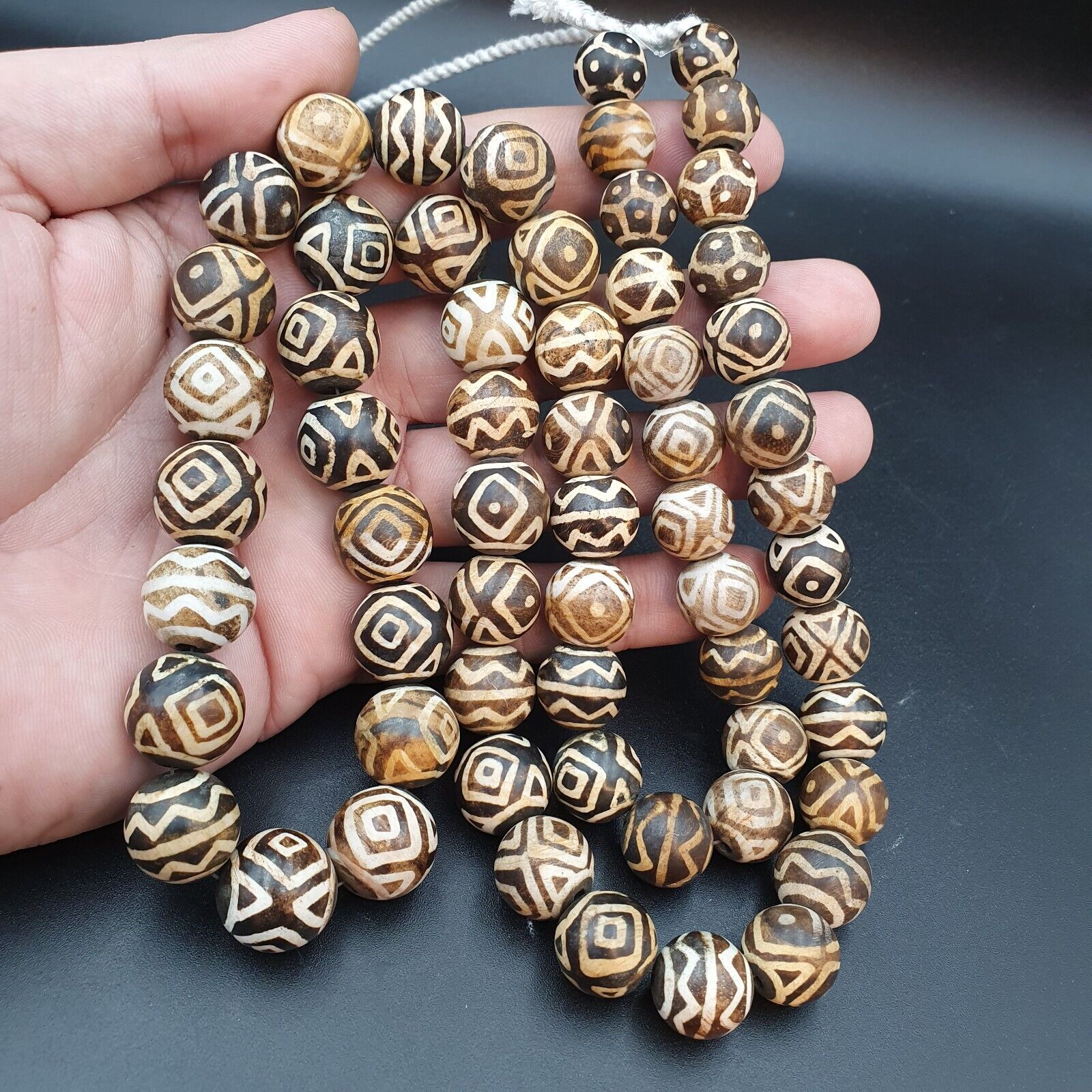 Asian Burmese Old Pumtek petrified Wood Stone beads Long necklace rare pattern