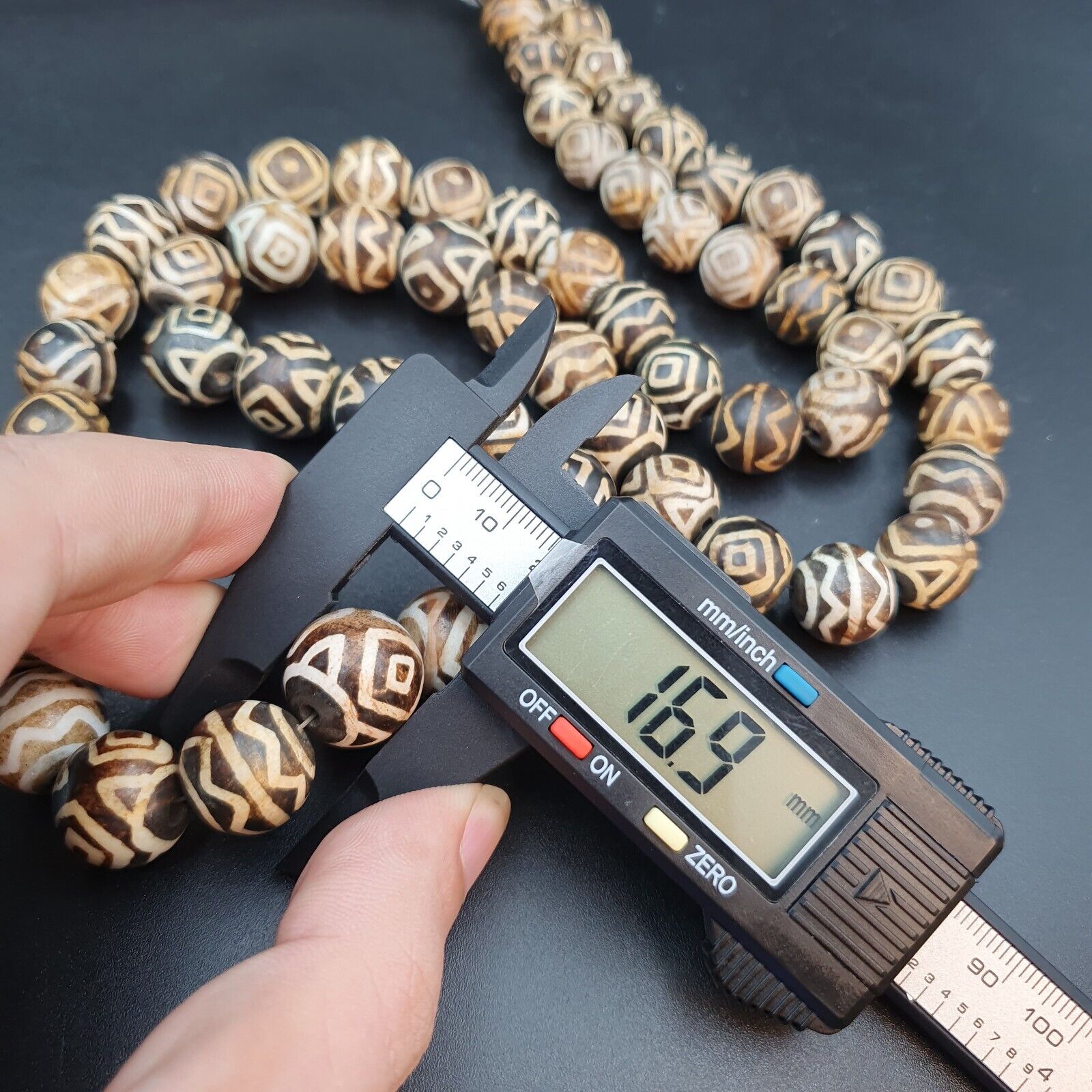 Asian Burmese Old Pumtek petrified Wood Stone beads Long necklace rare pattern
