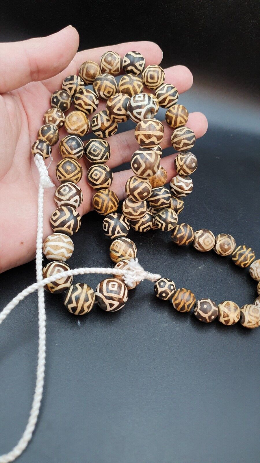 Asian Burmese Old Pumtek petrified Wood Stone beads Long necklace rare pattern