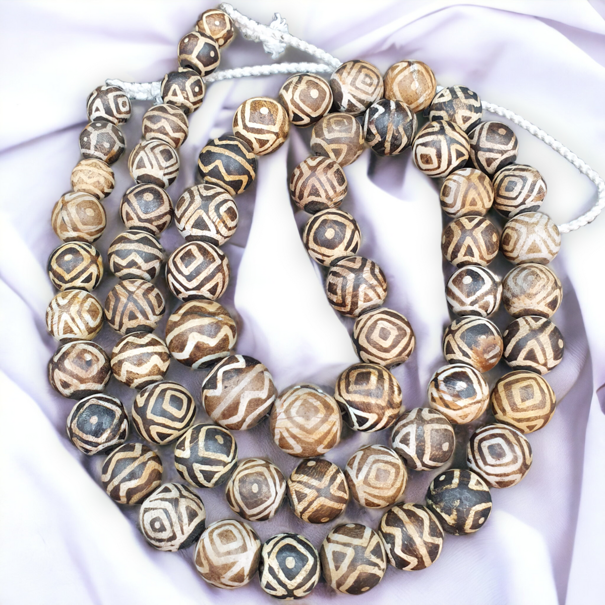 Asian Burmese Old Pumtek petrified Wood Stone beads Long necklace Unique pattern
