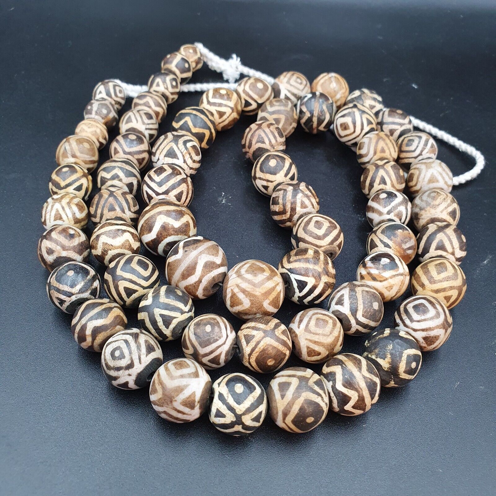 Asian Burmese Old Pumtek petrified Wood Stone beads Long necklace Unique pattern