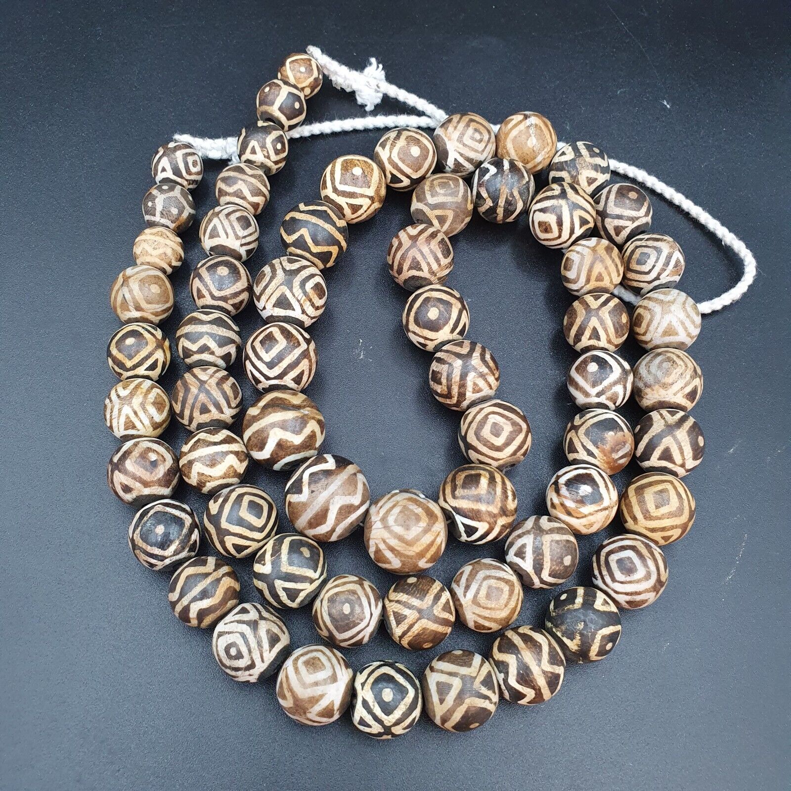 Asian Burmese Old Pumtek petrified Wood Stone beads Long necklace Unique pattern