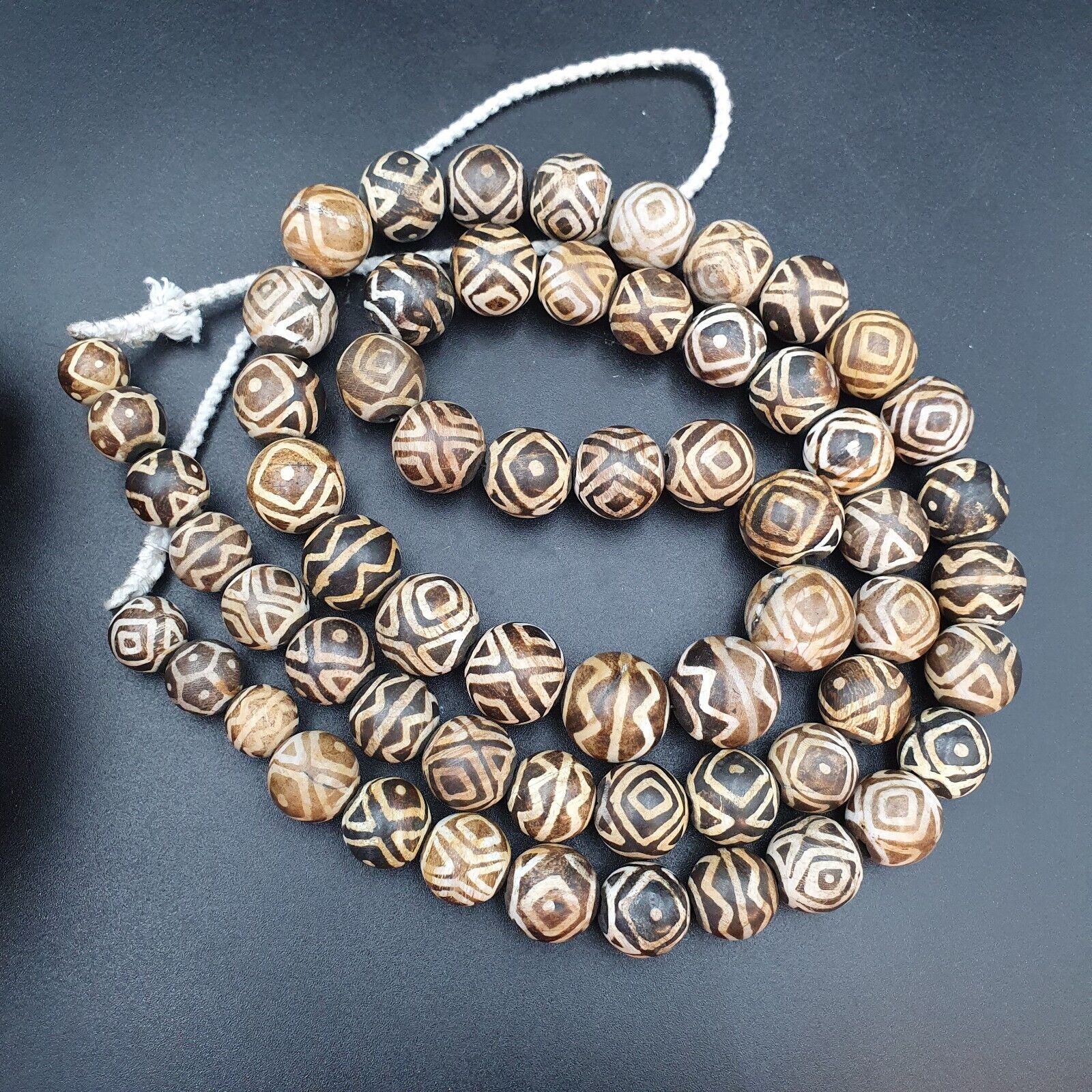 Asian Burmese Old Pumtek petrified Wood Stone beads Long necklace Unique pattern