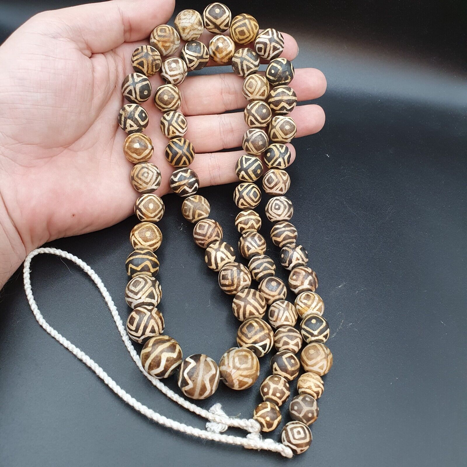 Asian Burmese Old Pumtek petrified Wood Stone beads Long necklace Unique pattern