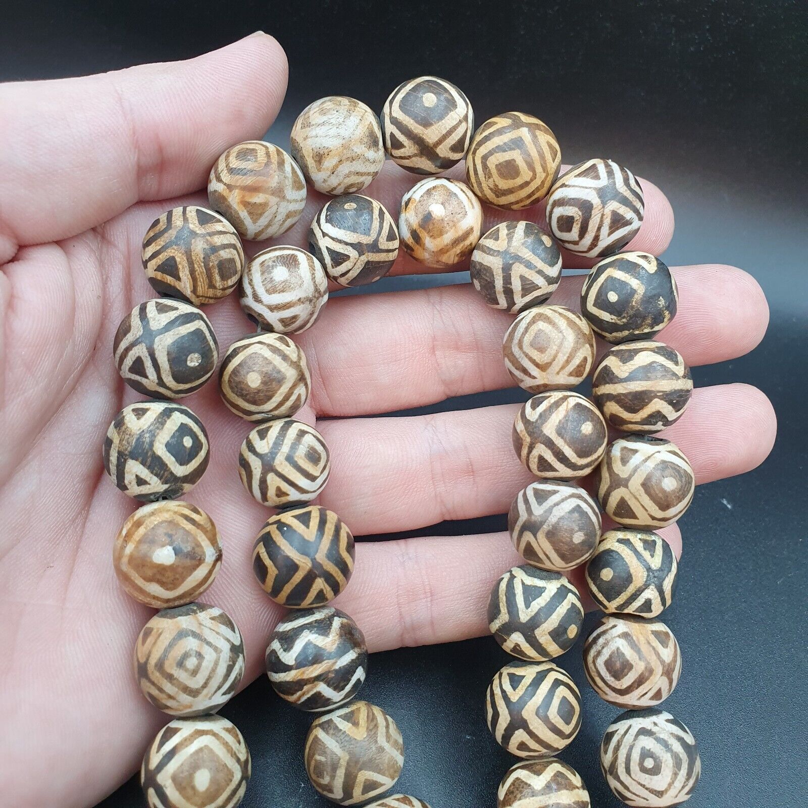 Asian Burmese Old Pumtek petrified Wood Stone beads Long necklace Unique pattern