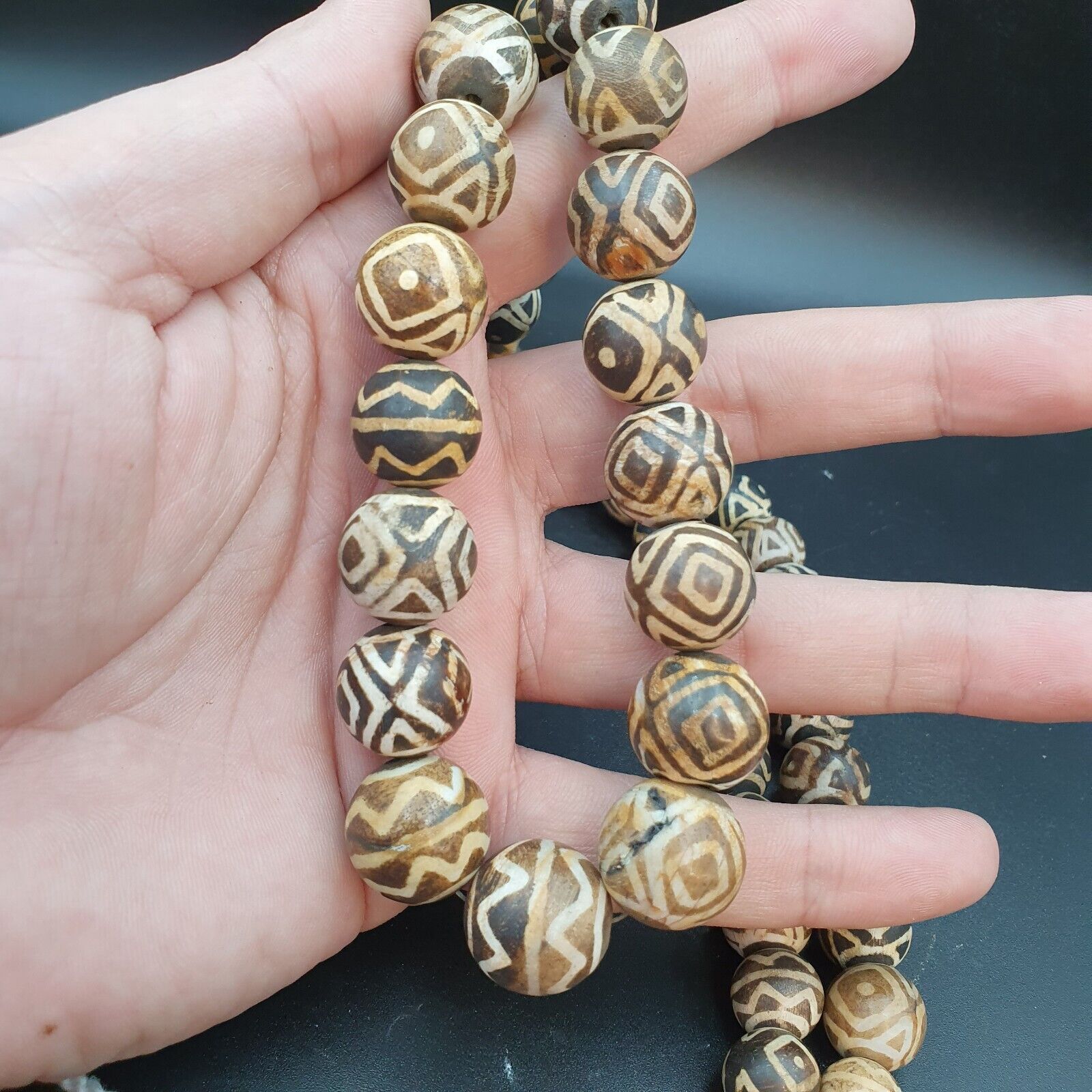 Asian Burmese Old Pumtek petrified Wood Stone beads Long necklace Unique pattern