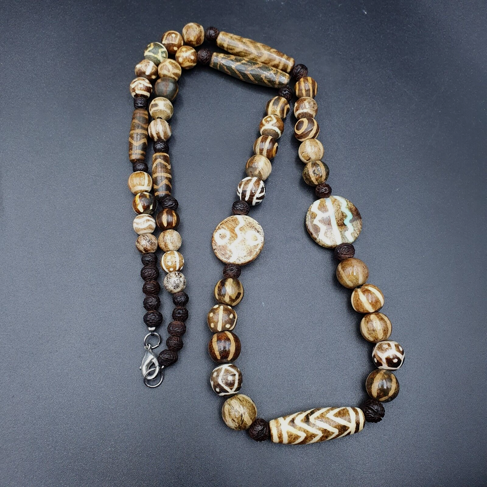 Vintage Asian Burmese Old Pumtek pyu petrified Wood Stone beads Necklace