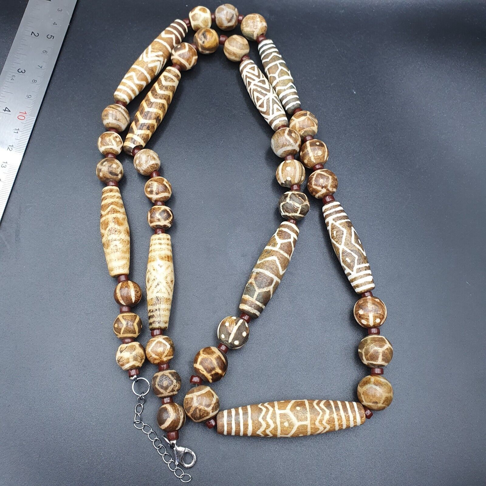 South Asian Burmese Old Pumtek petrified Wood Stone beads Long necklace
