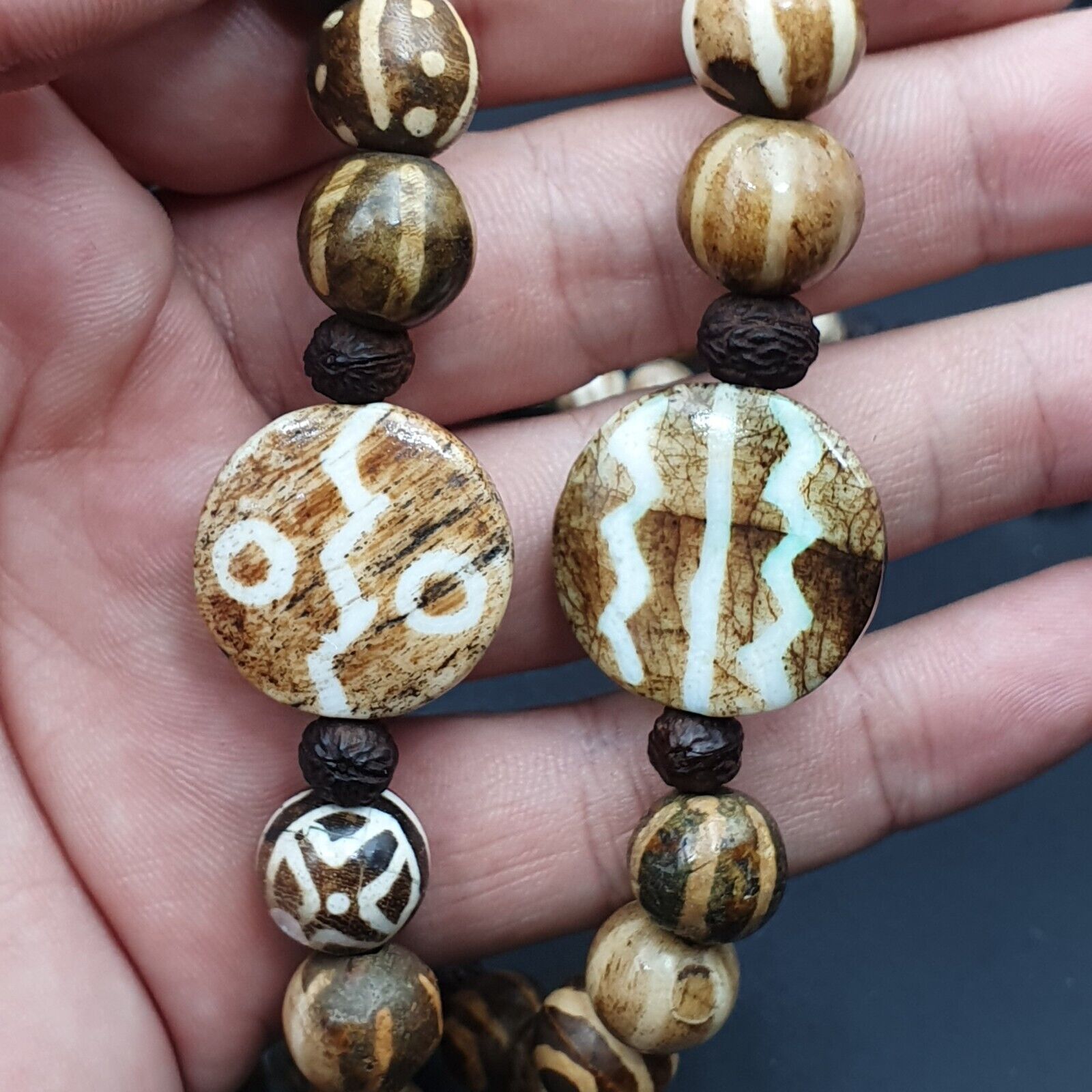 Vintage Asian Burmese Old Pumtek pyu petrified Wood Stone beads Necklace