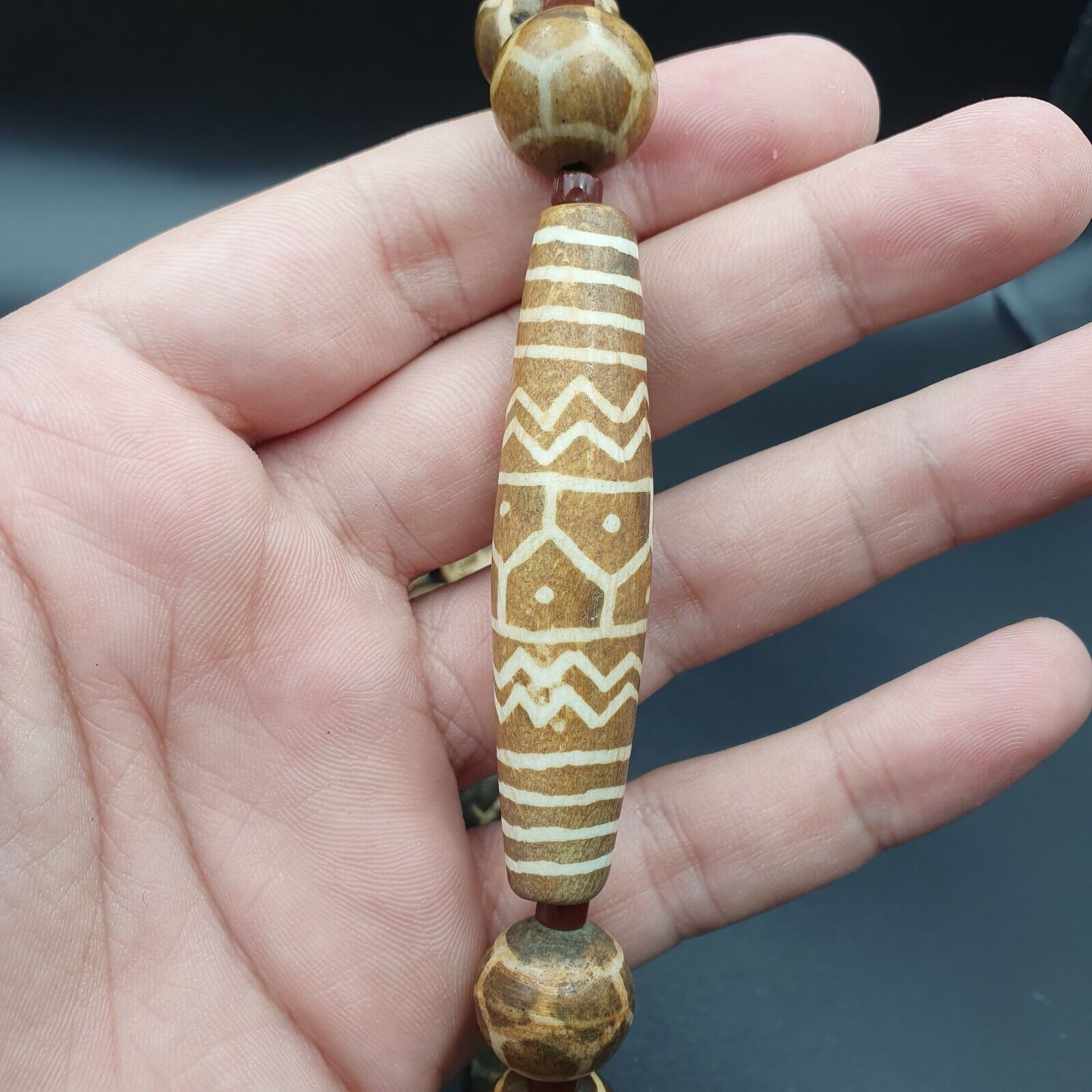 South Asian Burmese Old Pumtek petrified Wood Stone beads Long necklace