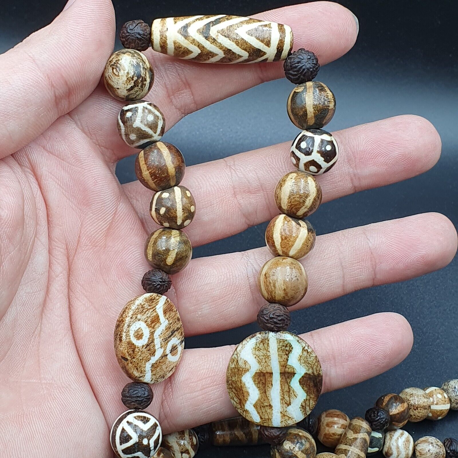 Vintage Asian Burmese Old Pumtek pyu petrified Wood Stone beads Necklace