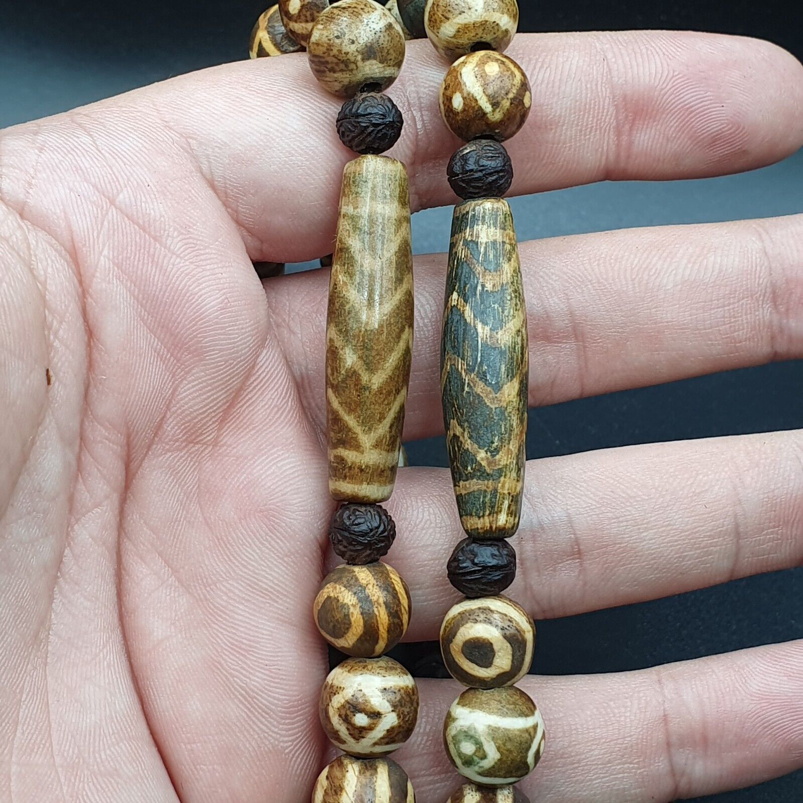 Vintage Asian Burmese Old Pumtek pyu petrified Wood Stone beads Necklace