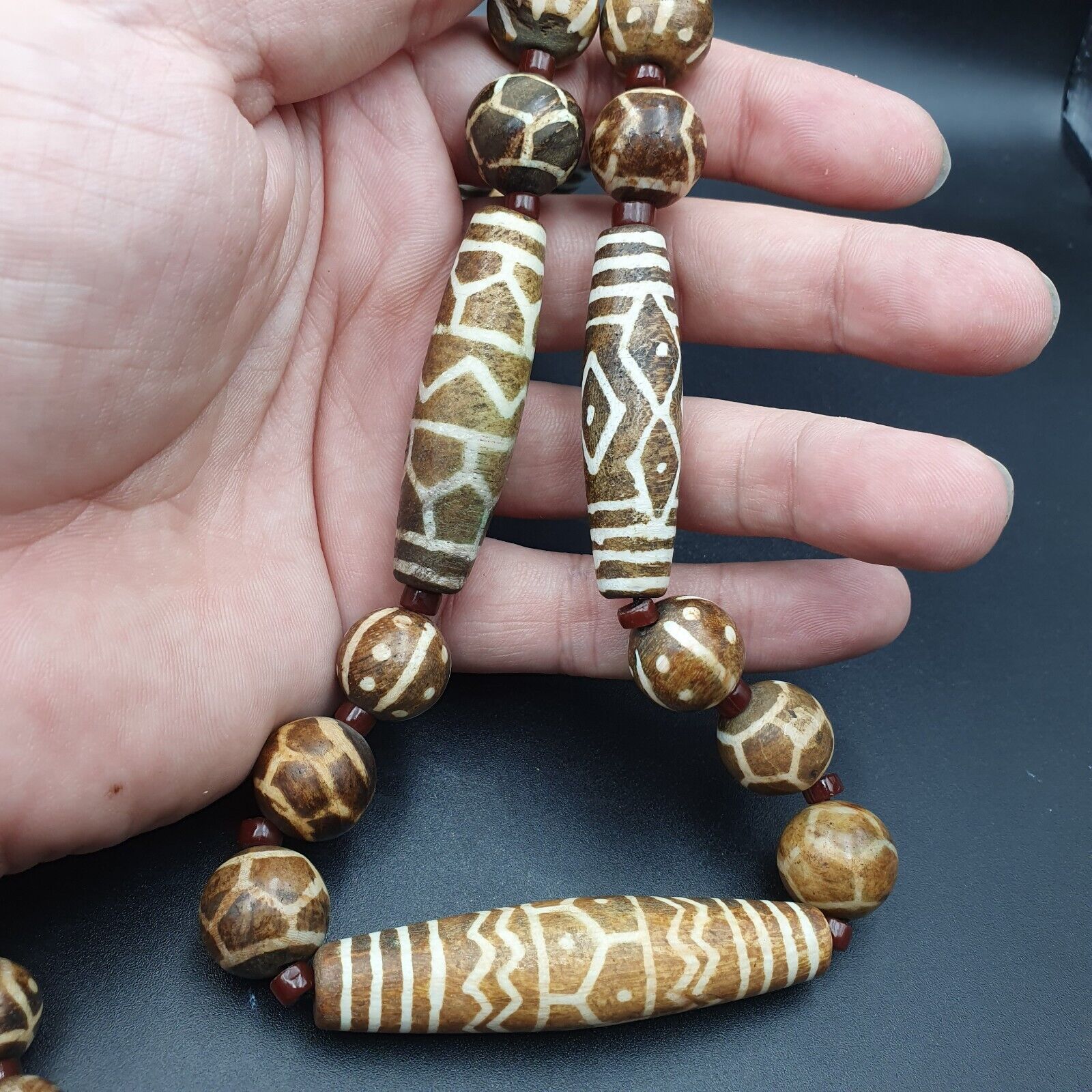 South Asian Burmese Old Pumtek petrified Wood Stone beads Long necklace