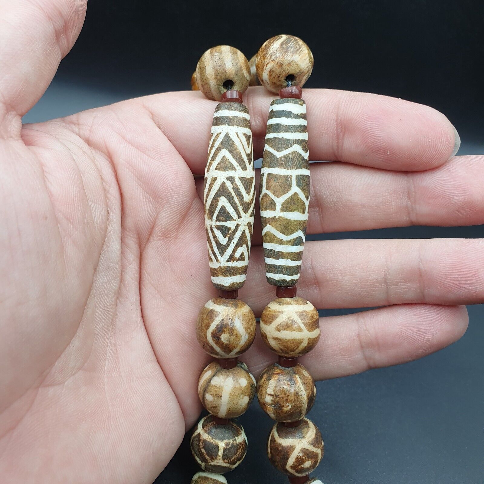 South Asian Burmese Old Pumtek petrified Wood Stone beads Long necklace