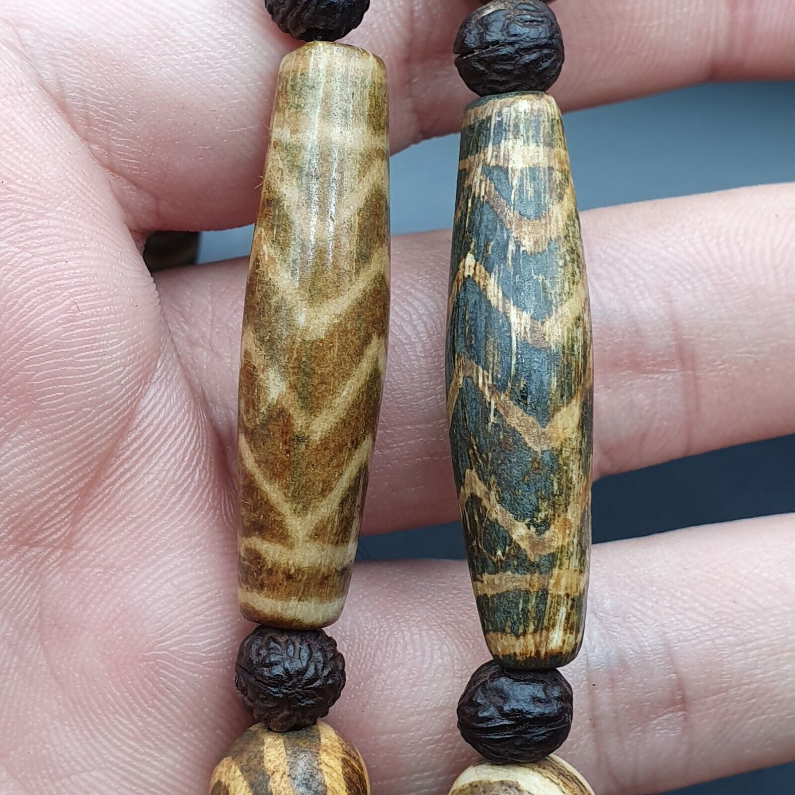 Vintage Asian Burmese Old Pumtek pyu petrified Wood Stone beads Necklace