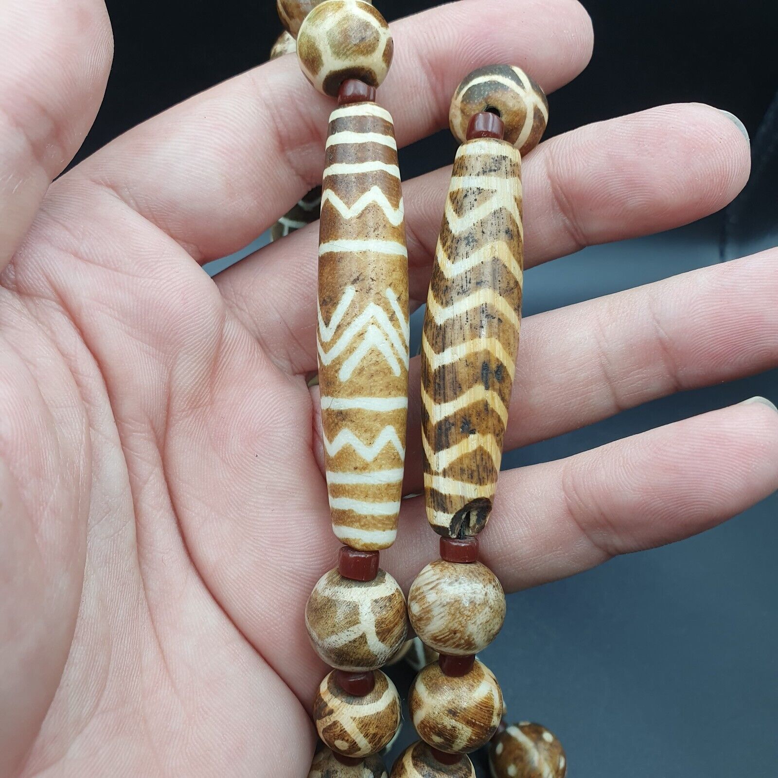 South Asian Burmese Old Pumtek petrified Wood Stone beads Long necklace